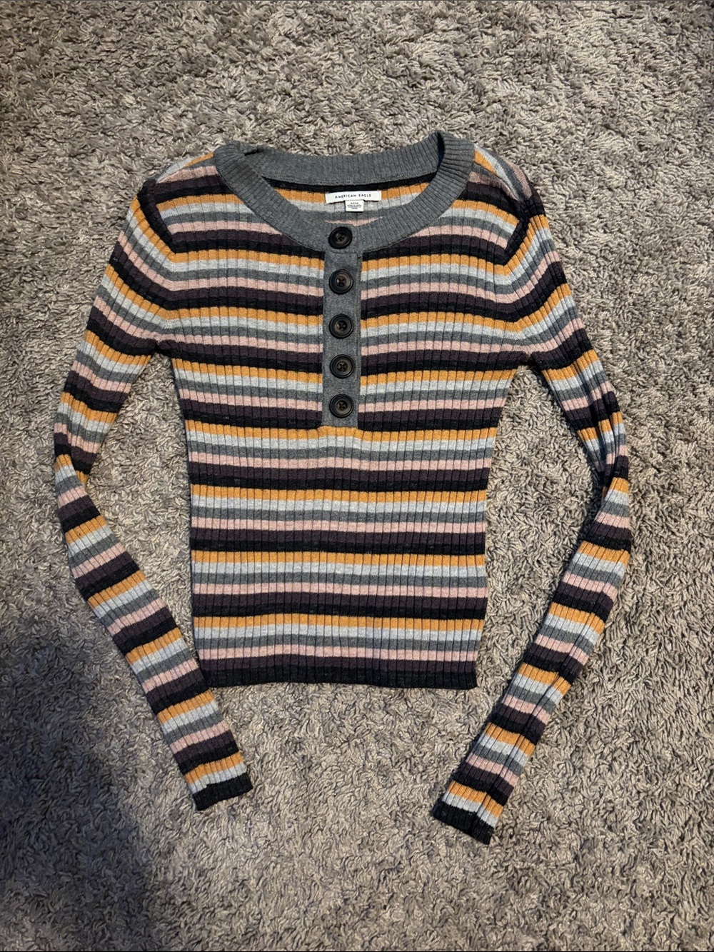 American Eagle Outfitters Ribbed Long Sleeve Henley - Gray, Pink, Mustard, Black